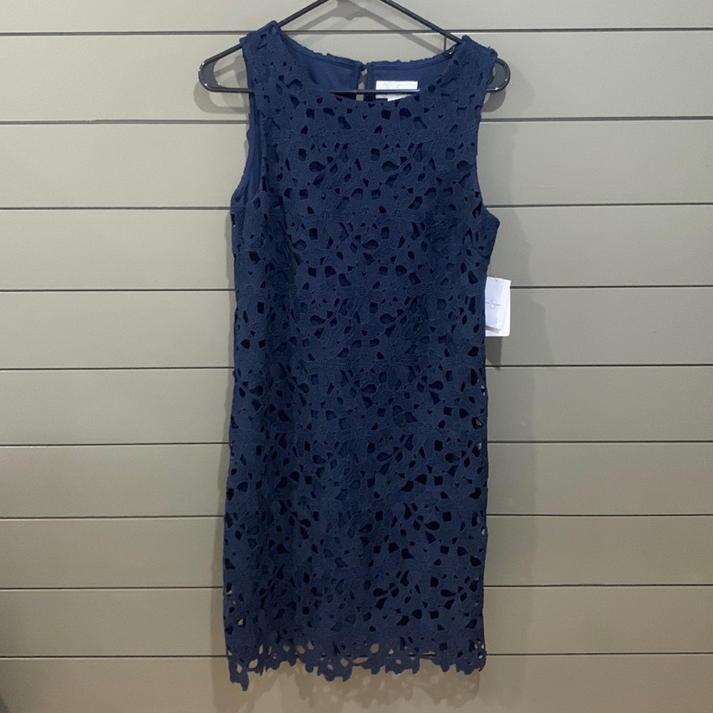 Jessica Simpson Navy Blue Sleeveless Floral Overlay Shift Dress